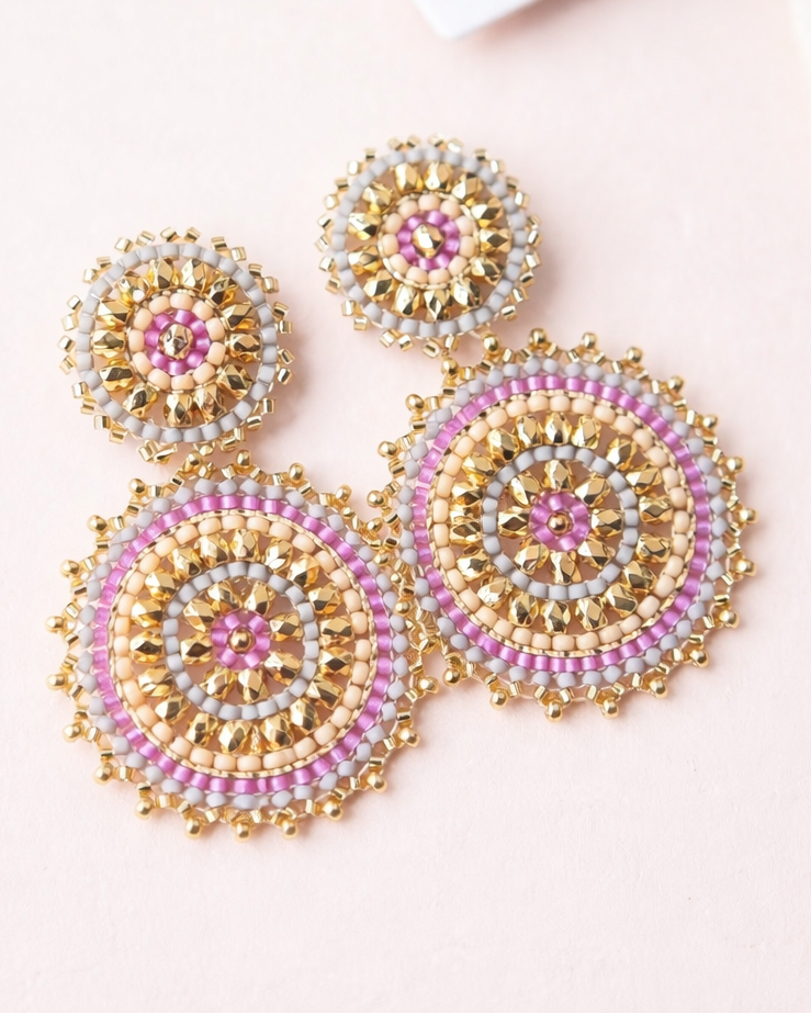 Double Flower Gold Plated Colombian Handmade Earrings For Sale Double Flower Gold Plated Colombian Handmade Earrings For Sale