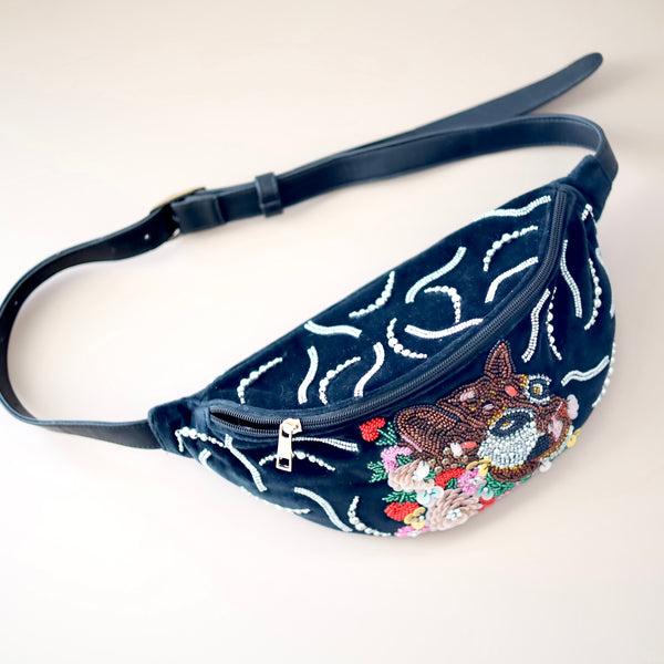 Jaguar Black Velvet Beaded Belt Bag