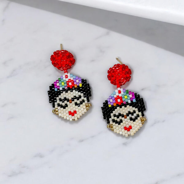 Mini Frida Beaded Red Earrings