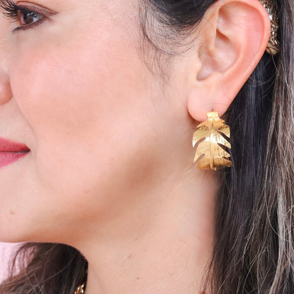 Golden Monstera Hoop Earrings