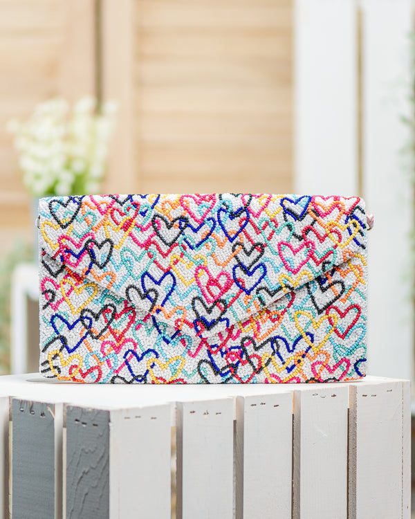 Heartfelt White Multi Beaded Clutch Bag