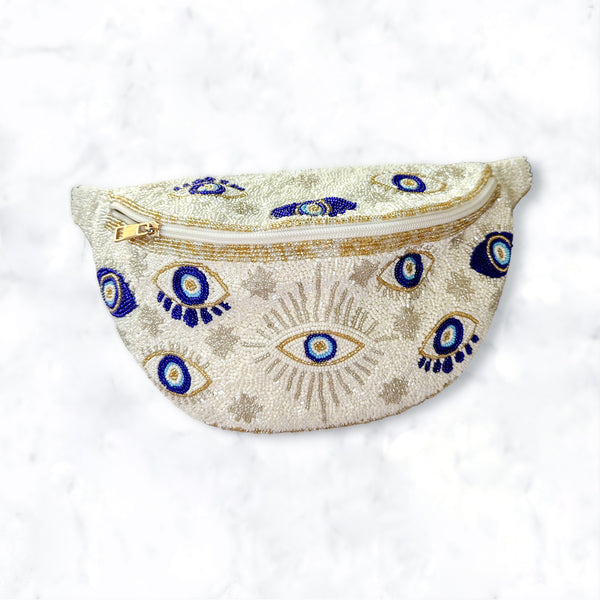 White Spangled Eye Beaded Belt Bag