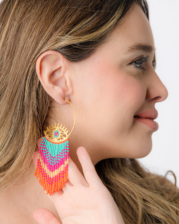 Fringed Eyes Hoops Turquoise Earrings