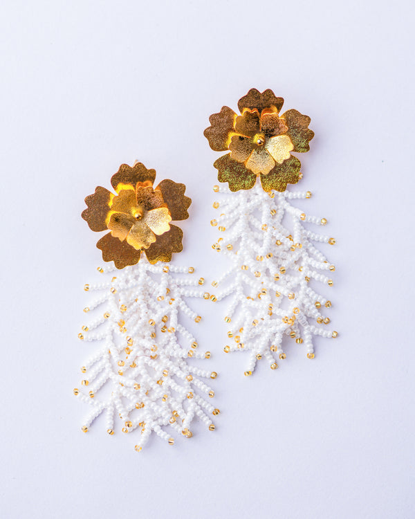 Fancy Flower Fringe White Earrings