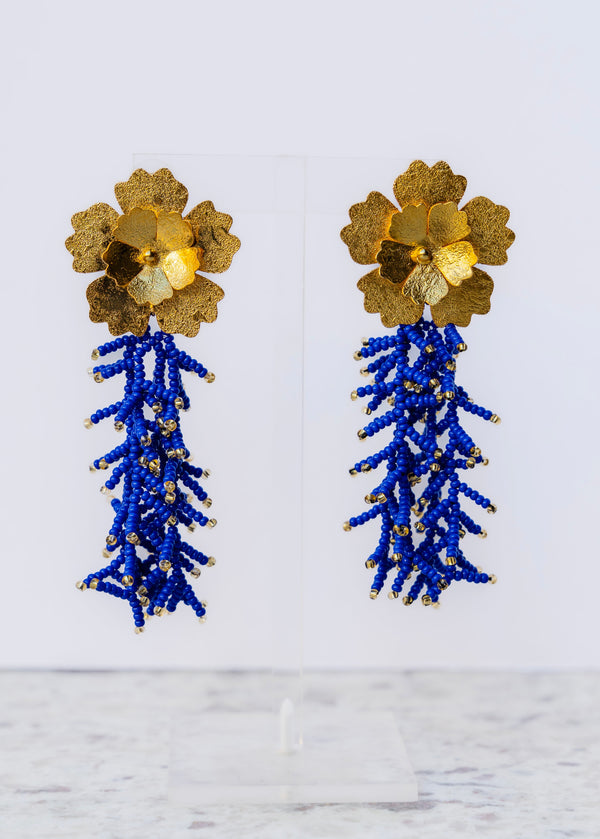 Fancy Flower Fringe Blue Earrings