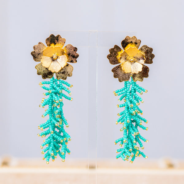 Fancy Flower Fringe Turquoise Earrings