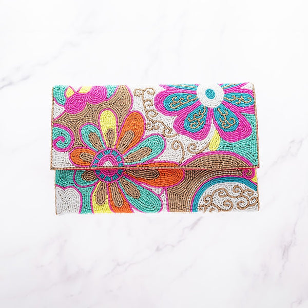 Floral Neon Clutch Beaded Bag