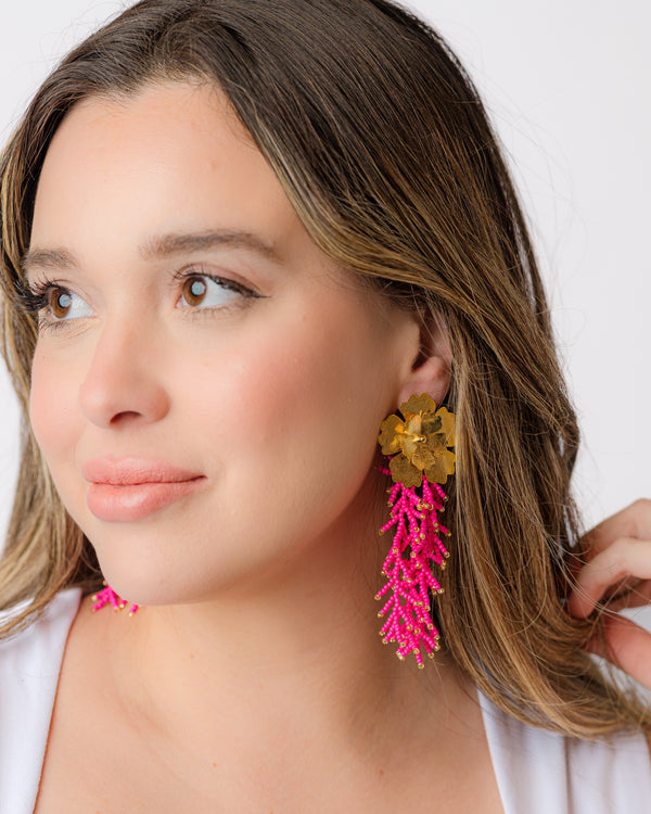 Fancy Flower Fringe Pink Earrings