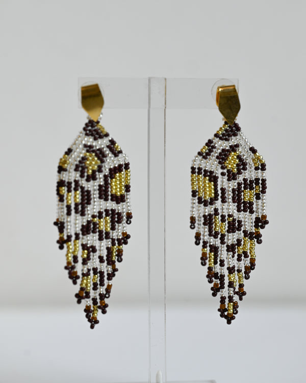 Leopard Silver Brown Fringe Earrings