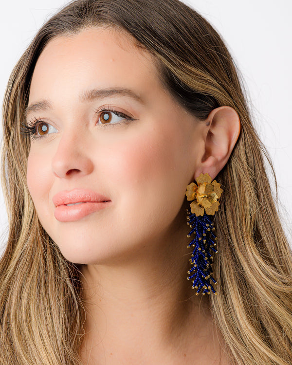 Fancy Flower Fringe Navy Blue Earrings