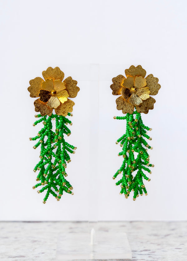 Fancy Flower Fringe Green Earrings