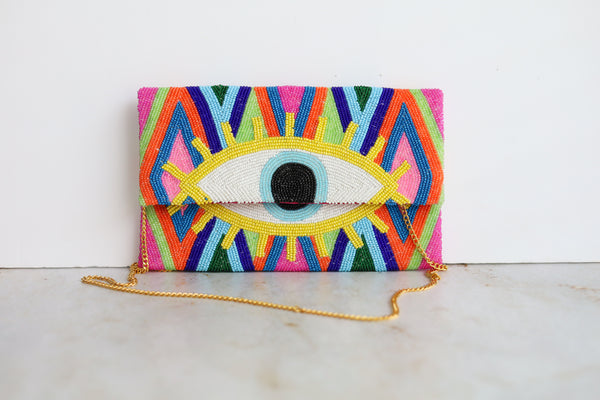 Neon Yellow Eye Multicolor Clutch Bag