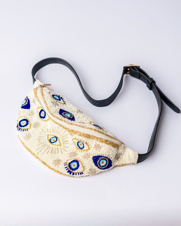 White Spangled Eye Beaded Belt Bag