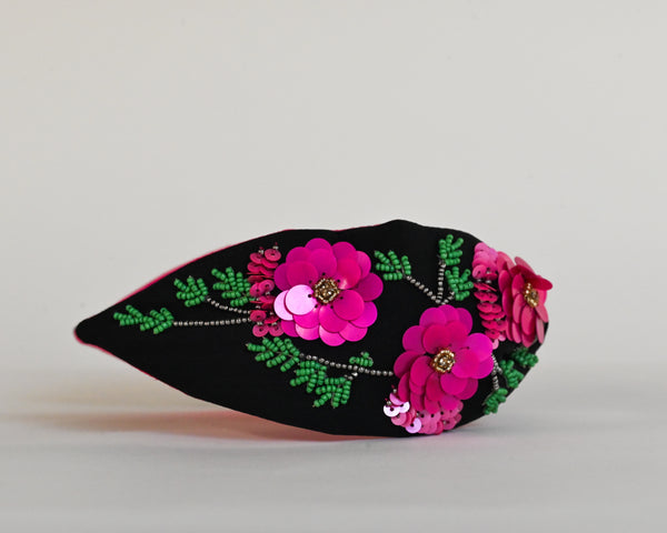 Black and Pink Flowered Adjustable Headband