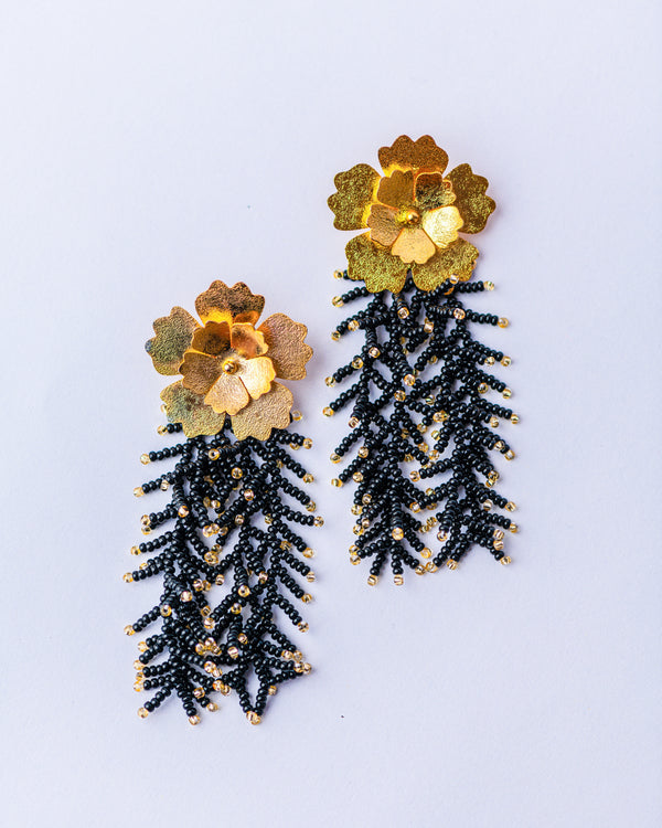 Fancy Flower Fringe Black Earrings