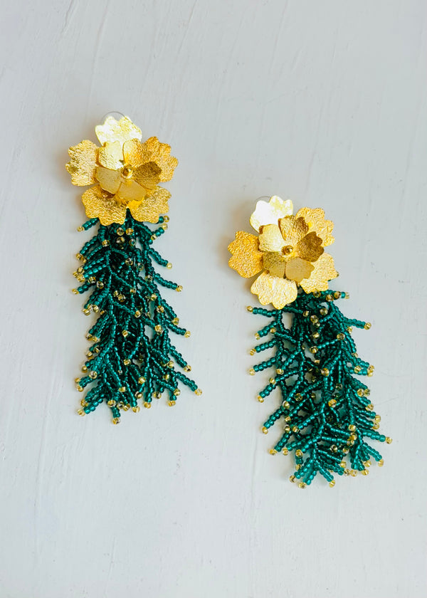 Fancy Flower Fringe Teal Earrings