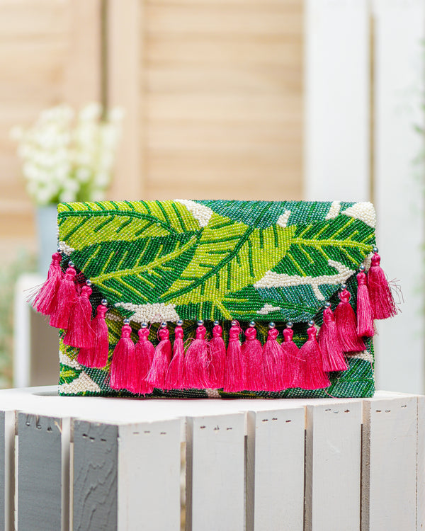 Palm Leaves and Tassel Clutch Bag