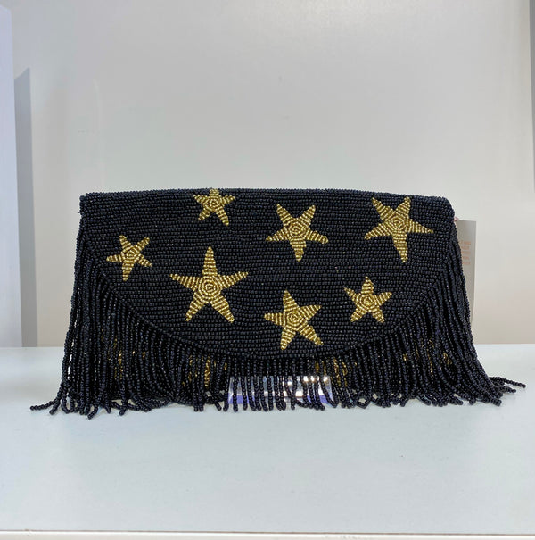 Fringed Star Black Beaded Bag