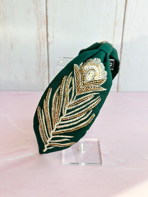 Gold Feather Green Adjustable Headband