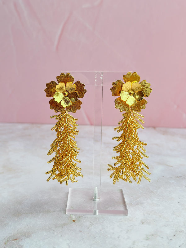 Fancy Flower Fringe Gold Earrings