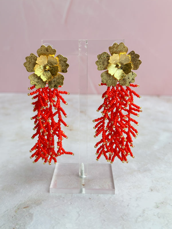 Fancy Flower Fringe Red Earrings