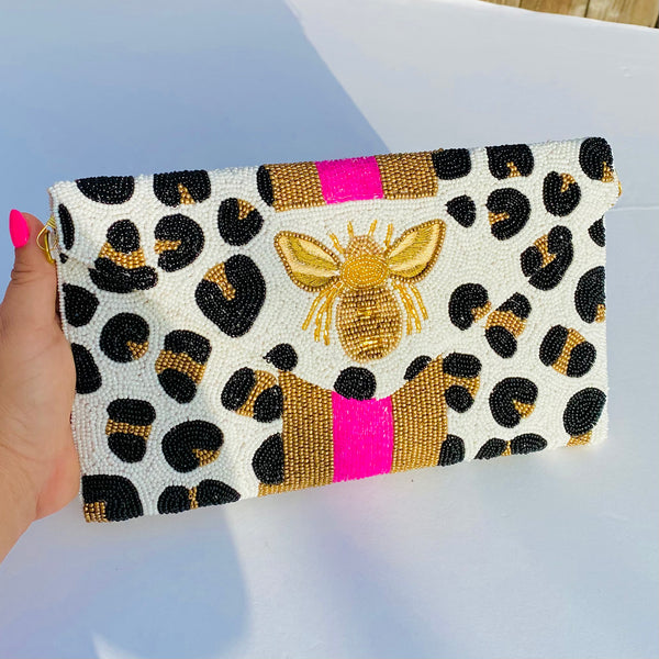 Bee Envelope Leopard Black-Pink Clutch Bag